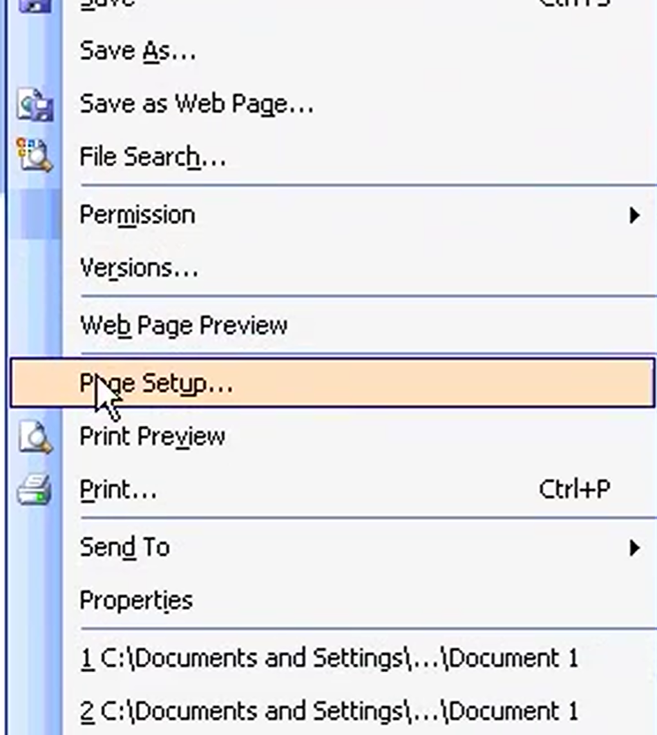 Vào file chọn Page Setup